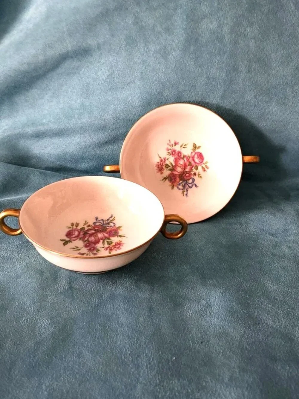 Theodore Haviland New York Cream Soup Bowls Kenmore Pattern gold floral handles